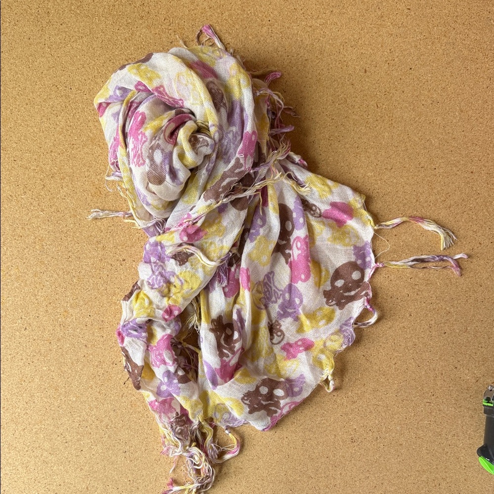 Lightweight Skull Print Scarf in Pink, Yellow & Brown
